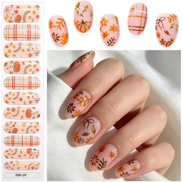 Alt view image 2 of 7 - Fall Semi Cured Gel Nail Strips Gold Maple Leaf Nail Wraps UV Gel Nails Stickers UV Light Pumpkin Nails Polish Strips Supplies Autumn Thanksgiving Full Wrap Gel Nail Strips Sticker for Manicure Salon