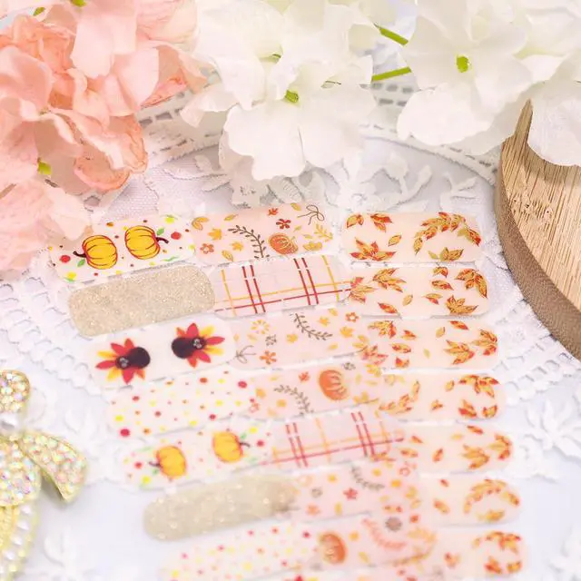 Alt view image 4 of 7 - Fall Semi Cured Gel Nail Strips Gold Maple Leaf Nail Wraps UV Gel Nails Stickers UV Light Pumpkin Nails Polish Strips Supplies Autumn Thanksgiving Full Wrap Gel Nail Strips Sticker for Manicure Salon