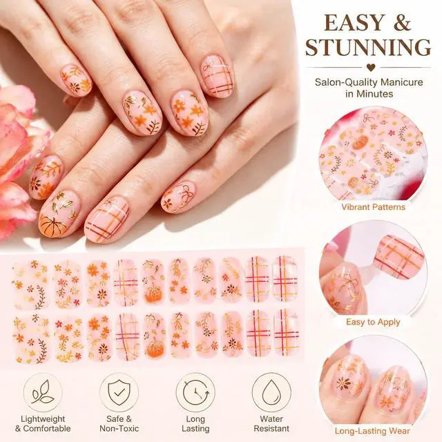 Alt view image 5 of 7 - Fall Semi Cured Gel Nail Strips Gold Maple Leaf Nail Wraps UV Gel Nails Stickers UV Light Pumpkin Nails Polish Strips Supplies Autumn Thanksgiving Full Wrap Gel Nail Strips Sticker for Manicure Salon
