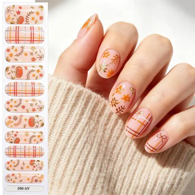 Alt view image 6 of 7 - Fall Semi Cured Gel Nail Strips Gold Maple Leaf Nail Wraps UV Gel Nails Stickers UV Light Pumpkin Nails Polish Strips Supplies Autumn Thanksgiving Full Wrap Gel Nail Strips Sticker for Manicure Salon