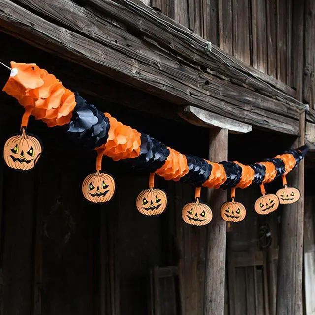 Alt view image 2 of 6 - 2 Pcs Halloween Party Pull Flower Decoration Halloween Paper Garland Banners Pumpkin Flowers Hanging Type Home Hotel Office Party Garden Bar Decor (9.9ft Each)