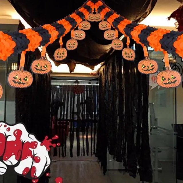 Alt view image 3 of 6 - 2 Pcs Halloween Party Pull Flower Decoration Halloween Paper Garland Banners Pumpkin Flowers Hanging Type Home Hotel Office Party Garden Bar Decor (9.9ft Each)