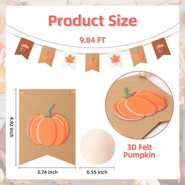 Alt view image 3 of 7 - Fall Garland, 9.84FT Pumpkin Garland Fall Decor, Handmade with Felt & Wood Beads, Fall Garland for Mantle, Fall Decorations for Home, Farmhouse Fall Mantel Decor, Thanksgiving Banner