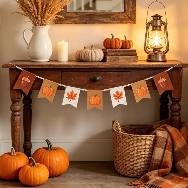 Alt view image 5 of 7 - Fall Garland, 9.84FT Pumpkin Garland Fall Decor, Handmade with Felt & Wood Beads, Fall Garland for Mantle, Fall Decorations for Home, Farmhouse Fall Mantel Decor, Thanksgiving Banner