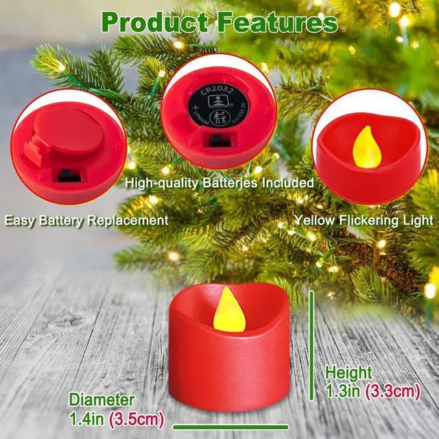 Alt view image 4 of 7 - 12 Pack Flameless Red Tea Light Battery Operated, Flickering LED Red Votive Candles Outdoor Flicker Electric Fake Tealight Candles Bulk for Christmas Halloween Wedding Romantic Party Decorations