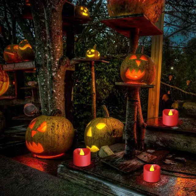 Alt view image 6 of 7 - 12 Pack Flameless Red Tea Light Battery Operated, Flickering LED Red Votive Candles Outdoor Flicker Electric Fake Tealight Candles Bulk for Christmas Halloween Wedding Romantic Party Decorations