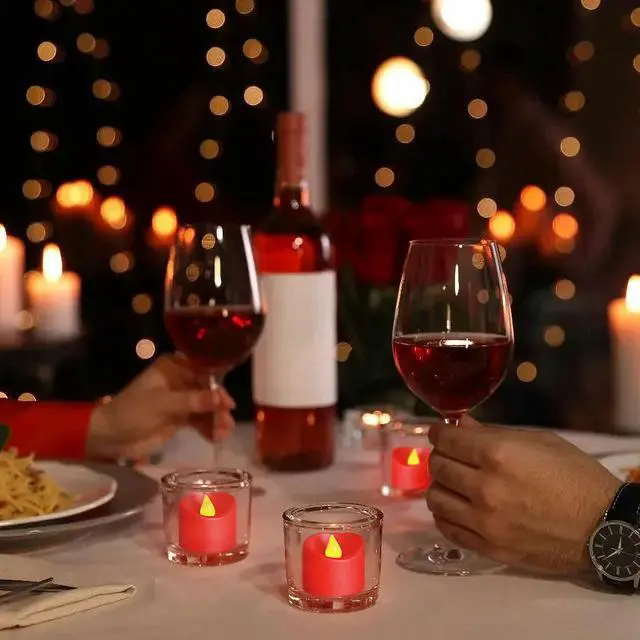 Alt view image 7 of 7 - 12 Pack Flameless Red Tea Light Battery Operated, Flickering LED Red Votive Candles Outdoor Flicker Electric Fake Tealight Candles Bulk for Christmas Halloween Wedding Romantic Party Decorations