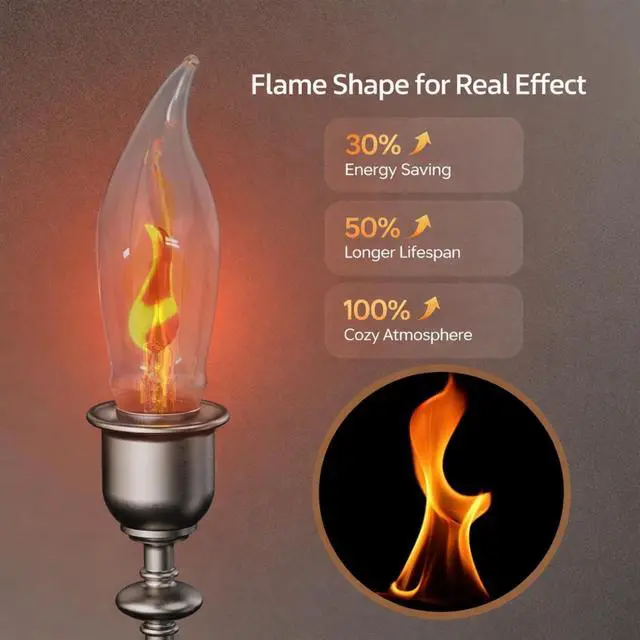 Alt view image 4 of 7 - Flame Light Bulbs, E12 Chandelier Base Real Flickering Effect | Upgraded Candle Flickering Fire Light Bulb for Halloween Christmas Party Porch Indoor & Outdoor Home Decor - 6 Pack