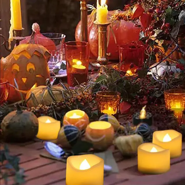 Alt view image 4 of 7 - 12 Pack Battery Operated Votive Candles Flameless Tea Light Candles | Cream White, Plastic Electric LED Lights, Plastic, Tealights for Wedding Party Halloween Thanksgiving Christmas Decoration