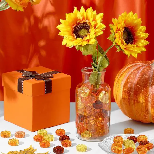 Alt view image 7 of 7 - 60Pcs Mini Pumpkins Ornaments, Pumpkin Vase Filler | Acrylic Pumpkin Crystals Gems Table Scatters, for Fall Autumn Thanksgiving Halloween Decoration Party Favors Craft Supplies