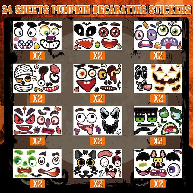 Alt view image 2 of 6 - 48 PCS Pumpkin Face Halloween Pumpkin Stickers for Kids | Mini Cute Pumpkin Decorating Stickers Kit, Halloween Game Activities Gifts Party Favors Non-Candy Treat Goodie Bag Stuffers