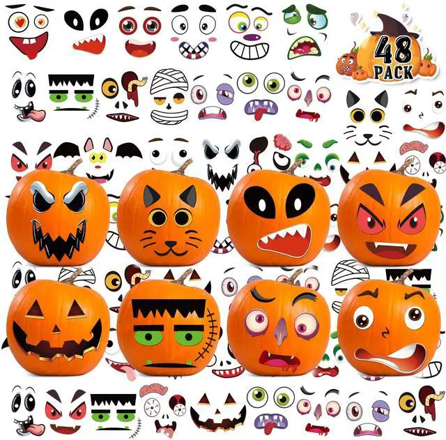 Main image of 48 PCS Pumpkin Face Halloween Pumpkin Stickers for Kids | Mini Cute Pumpkin Decorating Stickers Kit, Halloween Game Activities Gifts Party Favors Non-Candy Treat Goodie Bag Stuffers
