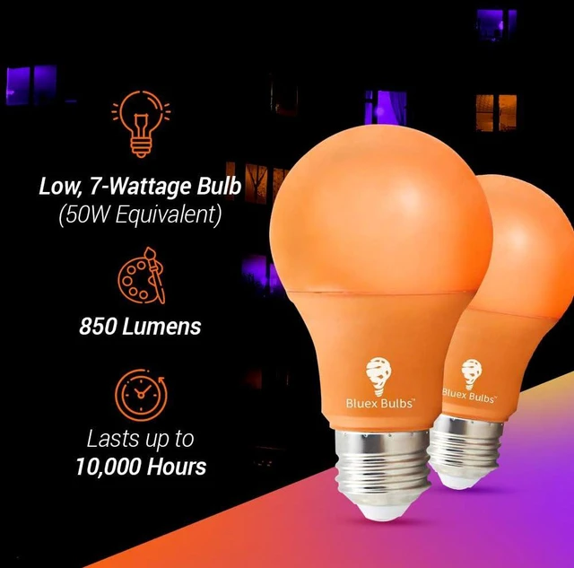 Alt view image 5 of 7 - 2 Pack Bluex LED A19 Orange Light Bulb - 9W (50Watt Equivalent) - E26 Base LED Orange Bulb, Party Decoration, Porch, Home Lighting, Holiday Lighting, Decorative Illumination