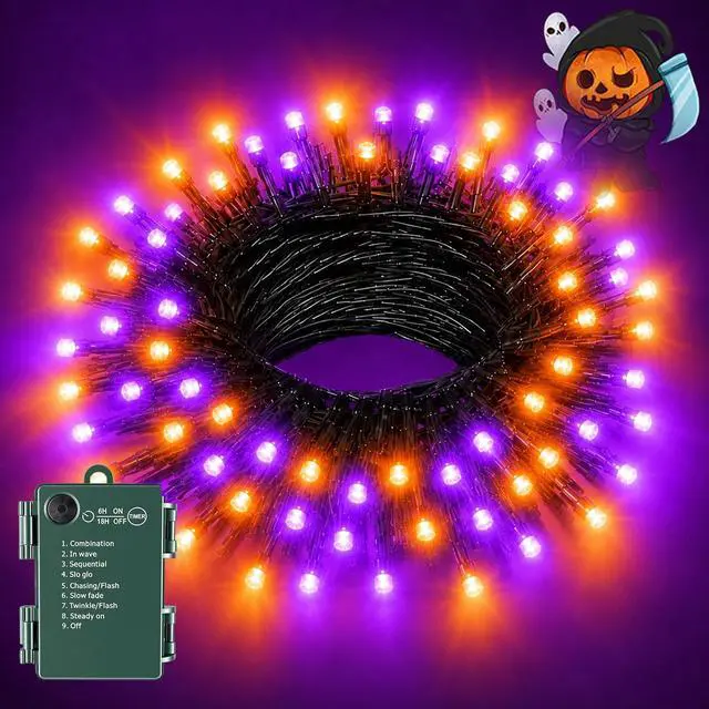 Main image of Orange Purple Halloween Lights String Waterproof for Halloween Decorations, Timer 8 Modes Battery Operated String Lights 50LED 17FT for Indoor and Outdoor
