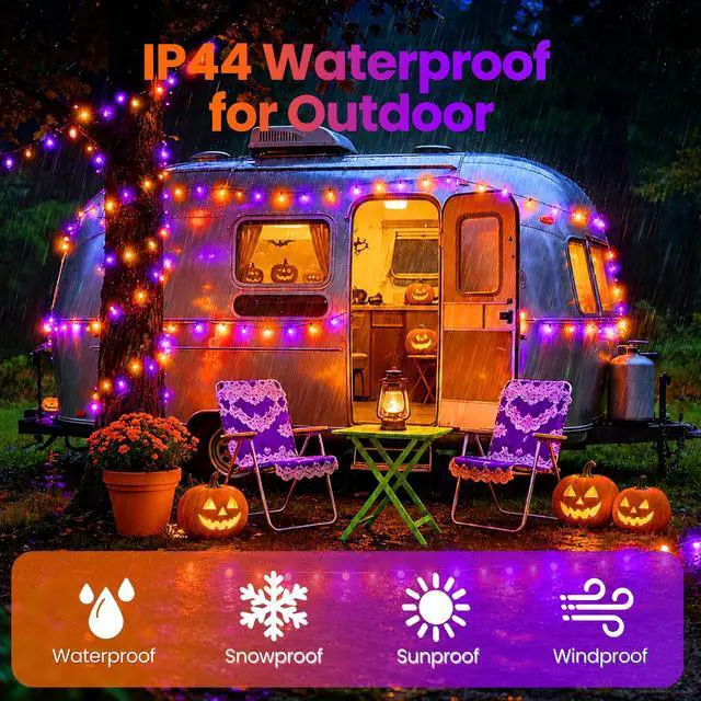 Alt view image 2 of 7 - Orange Purple Halloween Lights String Waterproof for Halloween Decorations, Timer 8 Modes Battery Operated String Lights 50LED 17FT for Indoor and Outdoor