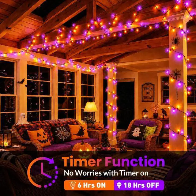 Alt view image 3 of 7 - Orange Purple Halloween Lights String Waterproof for Halloween Decorations, Timer 8 Modes Battery Operated String Lights 50LED 17FT for Indoor and Outdoor