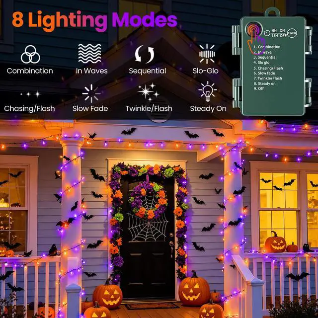 Alt view image 4 of 7 - Orange Purple Halloween Lights String Waterproof for Halloween Decorations, Timer 8 Modes Battery Operated String Lights 50LED 17FT for Indoor and Outdoor