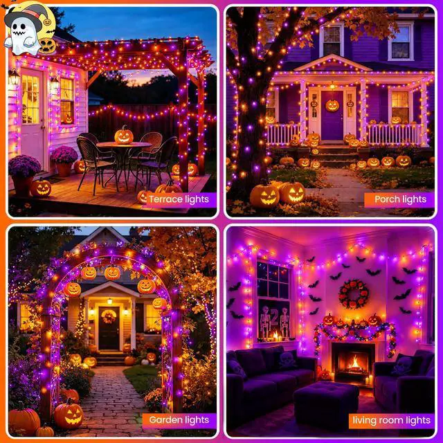 Alt view image 6 of 7 - Orange Purple Halloween Lights String Waterproof for Halloween Decorations, Timer 8 Modes Battery Operated String Lights 50LED 17FT for Indoor and Outdoor