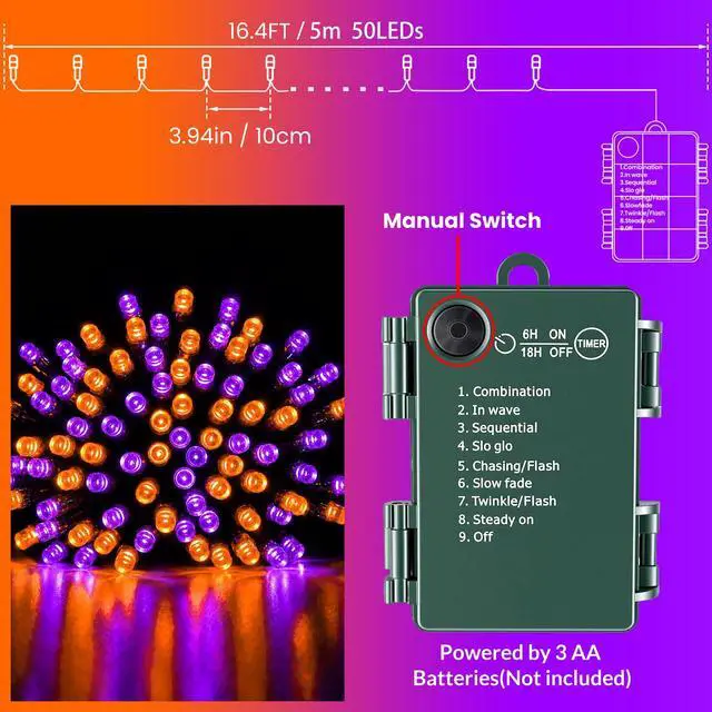 Alt view image 5 of 7 - Orange Purple Halloween Lights String Waterproof for Halloween Decorations, Timer 8 Modes Battery Operated String Lights 50LED 17FT for Indoor and Outdoor