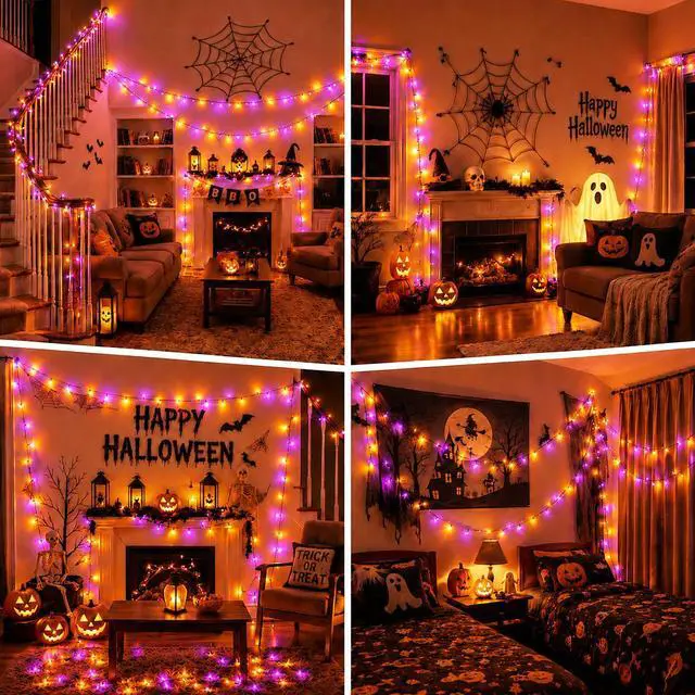 Alt view image 7 of 7 - Orange Purple Halloween Lights String Waterproof for Halloween Decorations, Timer 8 Modes Battery Operated String Lights 50LED 17FT for Indoor and Outdoor