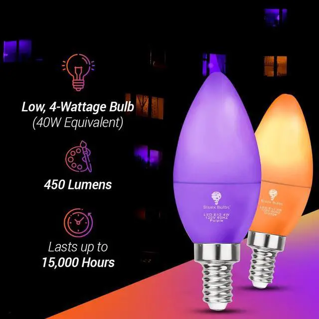 Alt view image 2 of 7 - 2 Pack LED Orange Light Bulb - 4W (40Watt Equivalent) - E12 Base Orange LED Bulb, Party Decoration, Porch, Home Lighting, Holiday Lighting, Chandelier Light Bulbs, Candelabra Bulbs