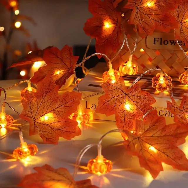 Alt view image 2 of 7 - Fall Decor Maple Leaf Pumpkin Lights, 10 ft 20 LED Battery Operated | 3D Pumpkin Fall Leaves Garland String Lights for Home Mantel Porch Office Indoor Outdoor Halloween Thanksgiving Decorations