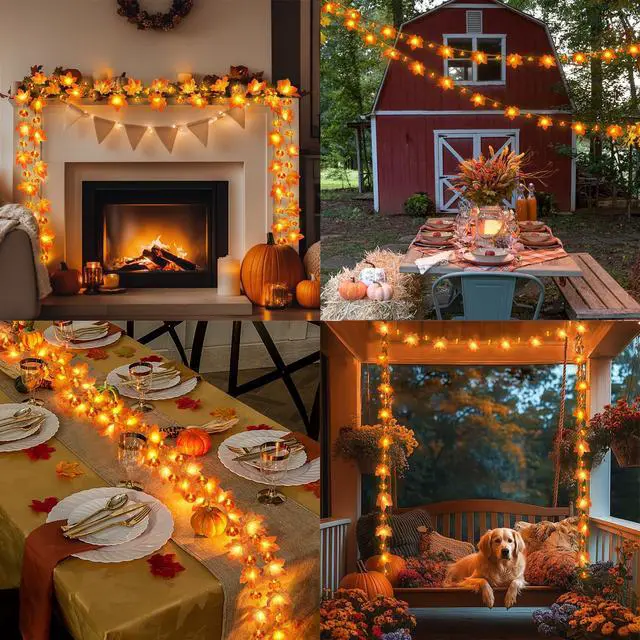 Alt view image 3 of 7 - Fall Decor Maple Leaf Pumpkin Lights, 10 ft 20 LED Battery Operated | 3D Pumpkin Fall Leaves Garland String Lights for Home Mantel Porch Office Indoor Outdoor Halloween Thanksgiving Decorations