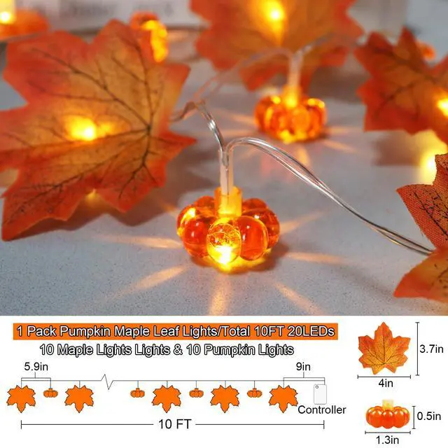 Alt view image 4 of 7 - Fall Decor Maple Leaf Pumpkin Lights, 10 ft 20 LED Battery Operated | 3D Pumpkin Fall Leaves Garland String Lights for Home Mantel Porch Office Indoor Outdoor Halloween Thanksgiving Decorations