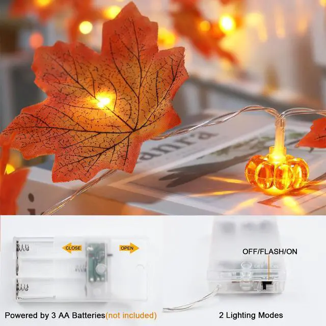 Alt view image 5 of 7 - Fall Decor Maple Leaf Pumpkin Lights, 10 ft 20 LED Battery Operated | 3D Pumpkin Fall Leaves Garland String Lights for Home Mantel Porch Office Indoor Outdoor Halloween Thanksgiving Decorations