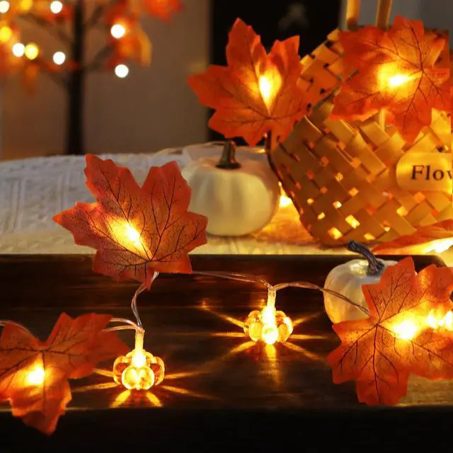Alt view image 6 of 7 - Fall Decor Maple Leaf Pumpkin Lights, 10 ft 20 LED Battery Operated | 3D Pumpkin Fall Leaves Garland String Lights for Home Mantel Porch Office Indoor Outdoor Halloween Thanksgiving Decorations