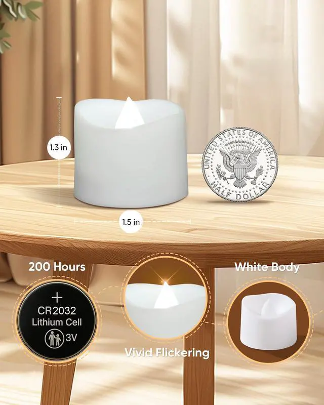 Alt view image 2 of 6 - Battery Operated Tea Lights, 200+Hour Flickering Flameless Candles | Cool White Electric Realistic Votive LED Tea Lights for Wedding Party Table Thanksgiving Christmas Decorations, Pack of 12