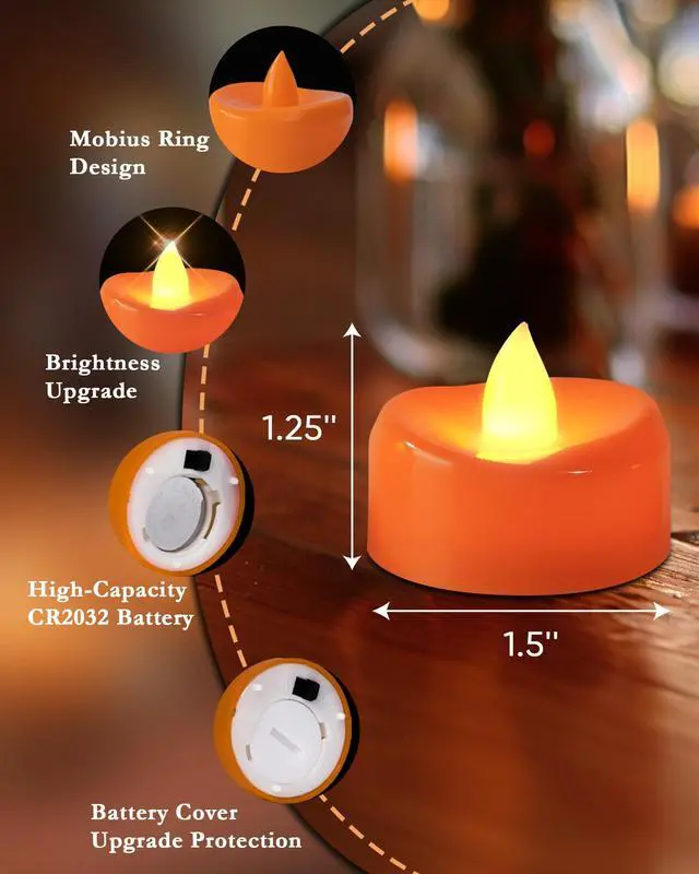Alt view image 2 of 7 - 12 Pack Orange Tea Lights Candles Battery Operated, 200+ Hours | Flickering Flameless LED Tealight Candles,Bright Small Candles for Pumpkin,Jack O Lanterns,Theme Party, Halloween, Fall Decor