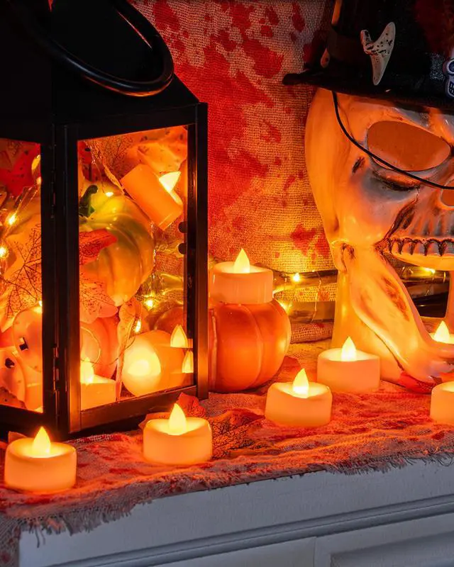 Alt view image 4 of 7 - 12 Pack Orange Tea Lights Candles Battery Operated, 200+ Hours | Flickering Flameless LED Tealight Candles,Bright Small Candles for Pumpkin,Jack O Lanterns,Theme Party, Halloween, Fall Decor