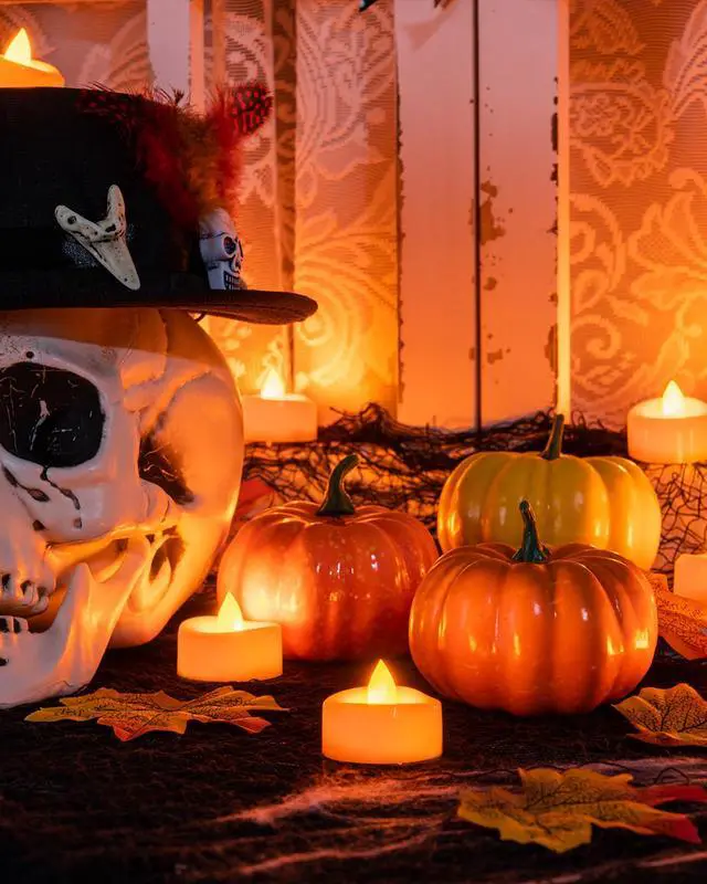 Alt view image 7 of 7 - 12 Pack Orange Tea Lights Candles Battery Operated, 200+ Hours | Flickering Flameless LED Tealight Candles,Bright Small Candles for Pumpkin,Jack O Lanterns,Theme Party, Halloween, Fall Decor