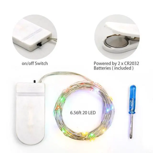 Alt view image 2 of 7 - Battery Fairy Lights, 6 Pack 20 LED Multi-Colour Silver Wire | 6.6Ft/2Meter string lights with CR2032 batteries included, perfect for DIY crafts,bedrooms,weddings,christmasand holidaydécor