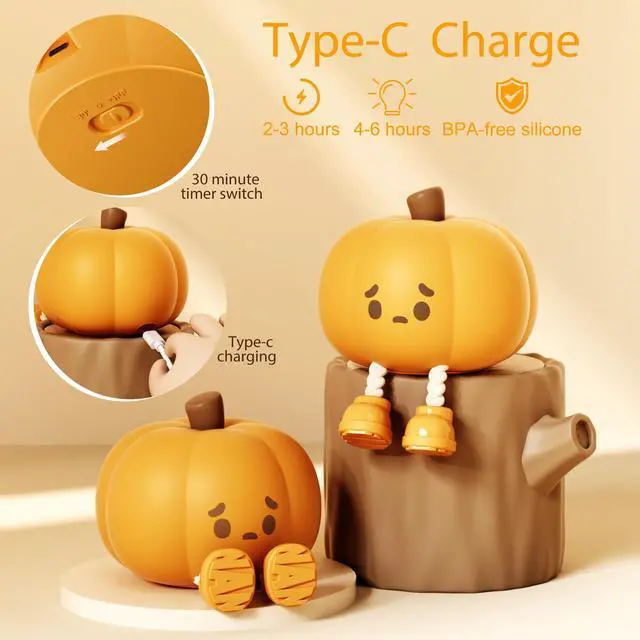 Alt view image 5 of 7 - Cute Pumpkin LED Night Light, Yellow | 3 Level Dimmable, Silicone Soft Touch, Rechargeable, Nursery & Bedroom Use, Halloween Decor