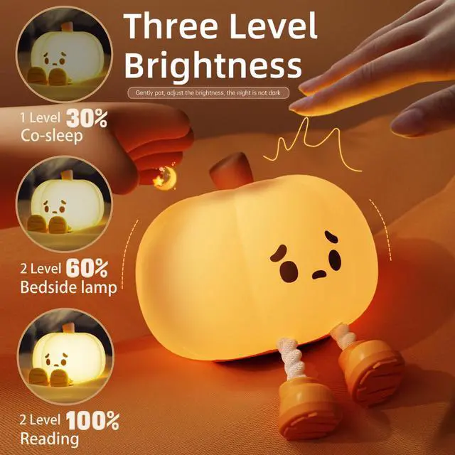 Alt view image 2 of 7 - Cute Pumpkin LED Night Light, Yellow | 3 Level Dimmable, Silicone Soft Touch, Rechargeable, Nursery & Bedroom Use, Halloween Decor