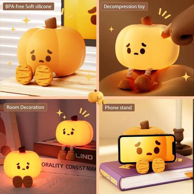 Alt view image 4 of 7 - Cute Pumpkin LED Night Light, Yellow | 3 Level Dimmable, Silicone Soft Touch, Rechargeable, Nursery & Bedroom Use, Halloween Decor