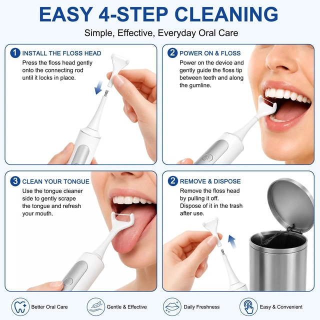Alt view image 2 of 6 - Flosser Refills - 60 Replacement Floss Heads with Tongue & Gum Scraper, Woven Dental Floss Picks for Oral Care, Unwaxed Flossing Refill HeadsWhite