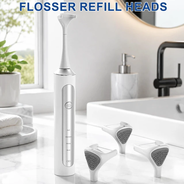 Alt view image 6 of 6 - Flosser Refills - 60 Replacement Floss Heads with Tongue & Gum Scraper, Woven Dental Floss Picks for Oral Care, Unwaxed Flossing Refill HeadsWhite