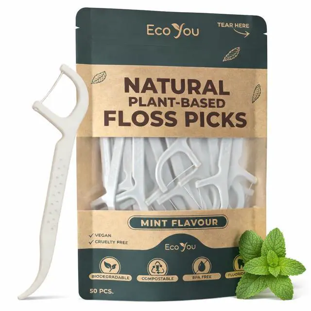 Main image of Biodegradable Floss Picks | 50 Count (1 Pack) | Mint Flavor, Candelilla Wax | PFAs Free | Sustainable & Reusable | Vegan & Cruelty-Free | Eco Floss Picks