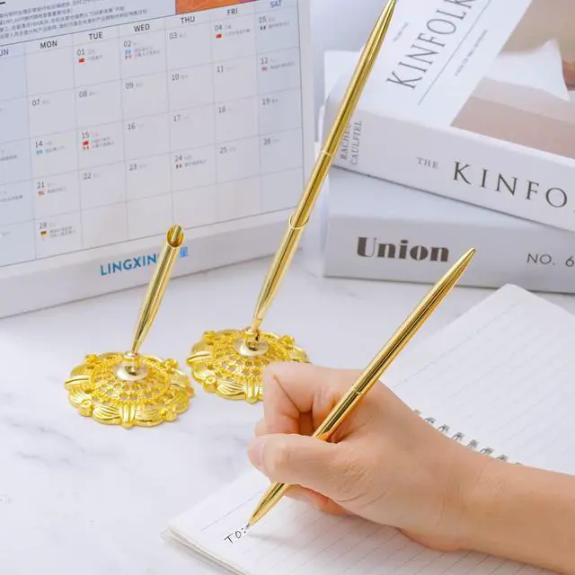 Alt view image 2 of 7 - 2Pcs Gold Wedding Pen and Pen Stand for Guest Book Signing Desk Bridal | Ballpoint Pens, for Engagement, Business, Office Supplies, Black Ink