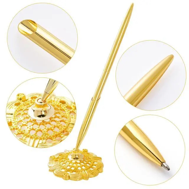 Alt view image 3 of 7 - 2Pcs Gold Wedding Pen and Pen Stand for Guest Book Signing Desk Bridal | Ballpoint Pens, for Engagement, Business, Office Supplies, Black Ink