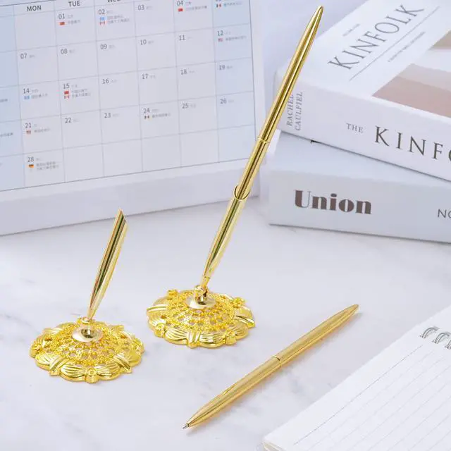 Alt view image 4 of 7 - 2Pcs Gold Wedding Pen and Pen Stand for Guest Book Signing Desk Bridal | Ballpoint Pens, for Engagement, Business, Office Supplies, Black Ink