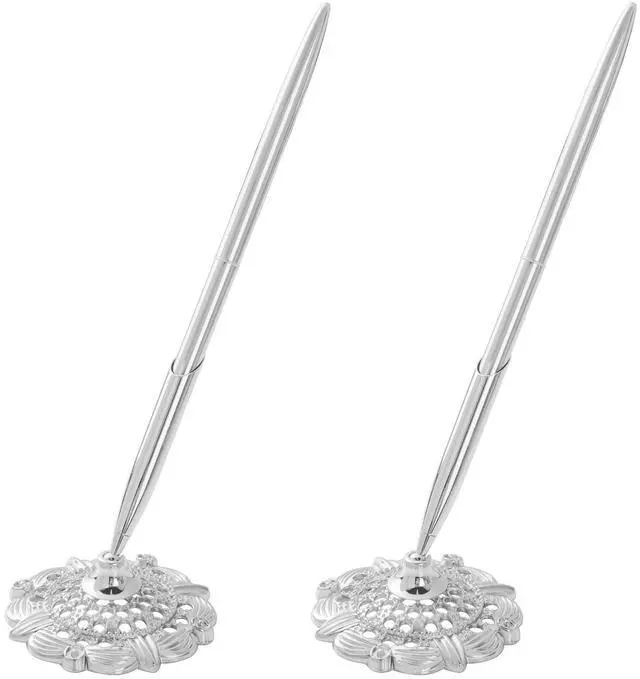 Main image of 2Pcs Silver Wedding Pen and Pen Stand for Guest Book Signing Desk Bridal | Ballpoint Pens, for Engagement, Business, Office Supplies, Black Ink
