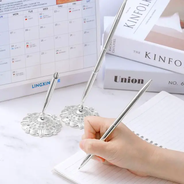 Alt view image 2 of 7 - 2Pcs Silver Wedding Pen and Pen Stand for Guest Book Signing Desk Bridal | Ballpoint Pens, for Engagement, Business, Office Supplies, Black Ink