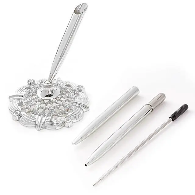 Alt view image 4 of 7 - 2Pcs Silver Wedding Pen and Pen Stand for Guest Book Signing Desk Bridal | Ballpoint Pens, for Engagement, Business, Office Supplies, Black Ink