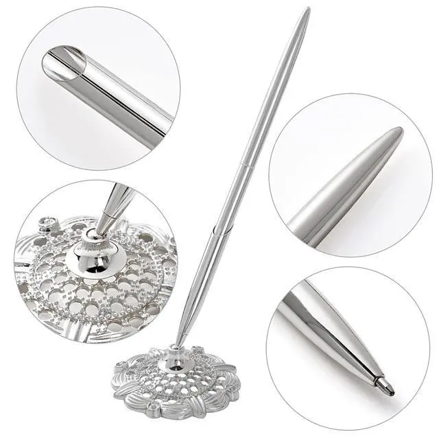 Alt view image 5 of 7 - 2Pcs Silver Wedding Pen and Pen Stand for Guest Book Signing Desk Bridal | Ballpoint Pens, for Engagement, Business, Office Supplies, Black Ink
