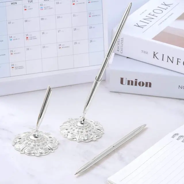 Alt view image 6 of 7 - 2Pcs Silver Wedding Pen and Pen Stand for Guest Book Signing Desk Bridal | Ballpoint Pens, for Engagement, Business, Office Supplies, Black Ink
