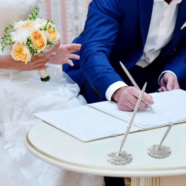 Alt view image 7 of 7 - 2Pcs Silver Wedding Pen and Pen Stand for Guest Book Signing Desk Bridal | Ballpoint Pens, for Engagement, Business, Office Supplies, Black Ink